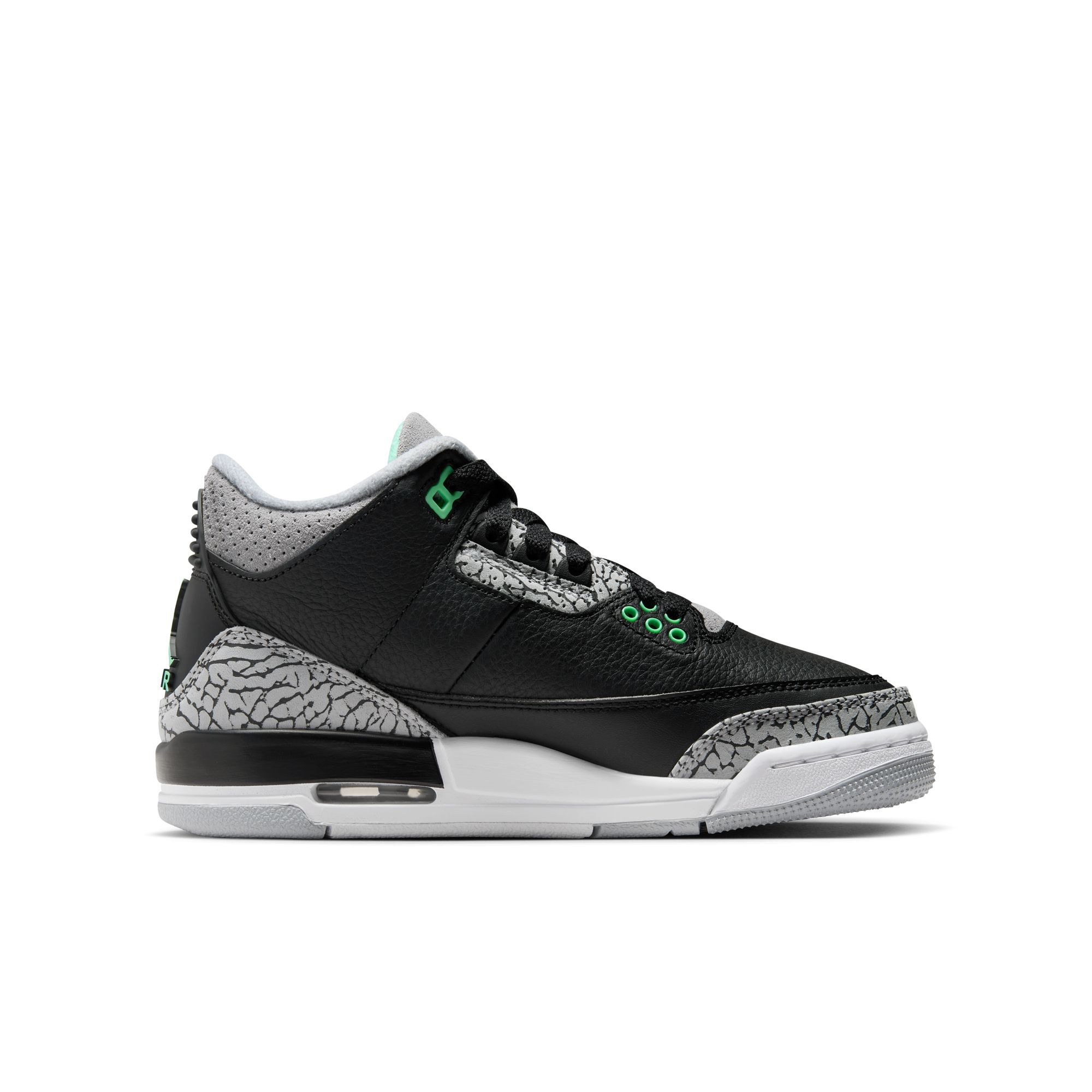 Air Jordan 3 Retro, Negro/Verde Resplandor-Gris Lobo-Blanco, hi-res