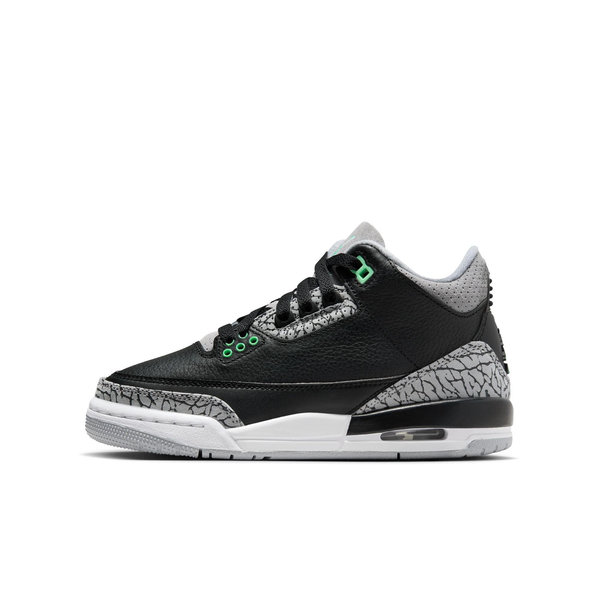 Air Jordan 3 Retro, Negro/Verde Resplandor-Gris Lobo-Blanco, hi-res