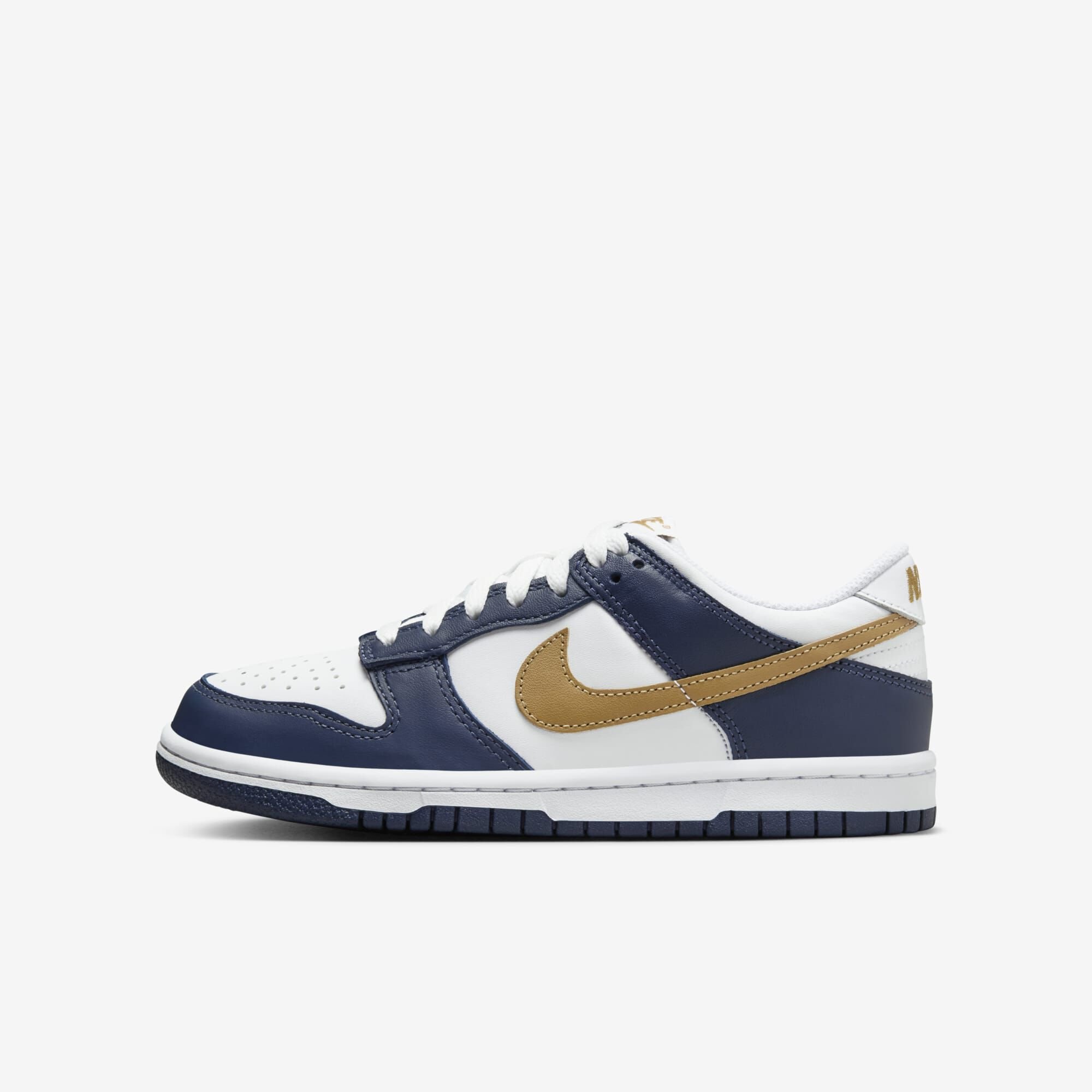 Nike Dunk Low, Blanco/Azul Marino Medianoche/Trigo, hi-res